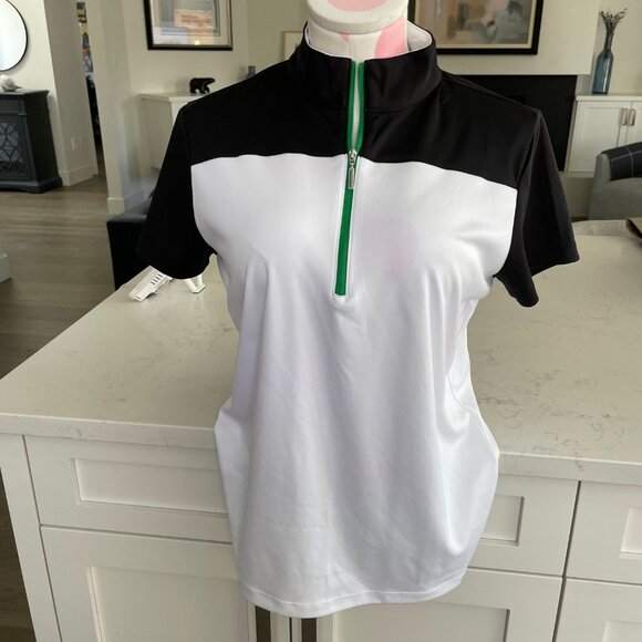 IZOD Perform X Golf SS 1/2 Zip Polyester Hi Collar Top Black+White Sz M NWOT - Picture 2 of 12
